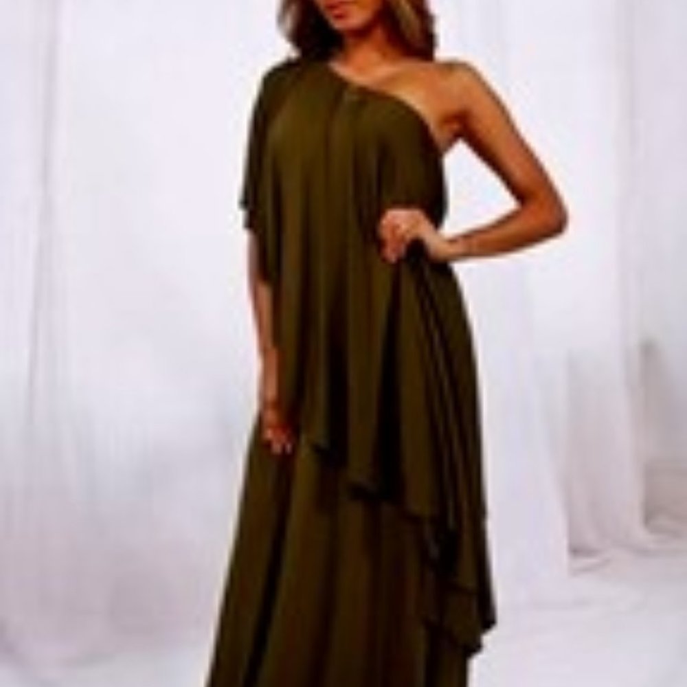 OLIVE ONE-SHOULDER RUFFLE MAXI DRESS